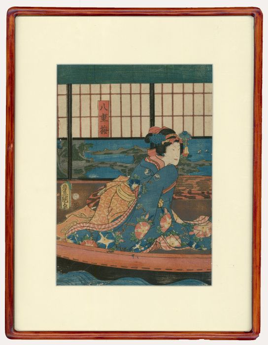 Utagawa Kunisada (1786-1865) - Japanese Woodblock, Bijin in a River Boat