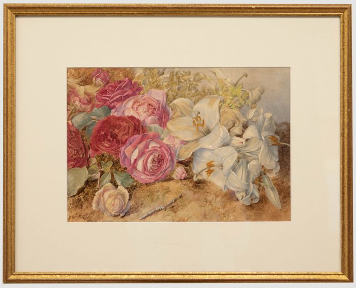 Mary E. Duffield RI (1819-1914) - Framed Watercolour, White Lilies & Pink Roses