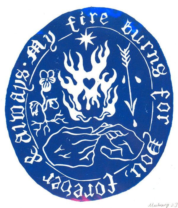 Isabelle Mulvany - 2023 Linoprint, My Fire Burns for You (Blue)