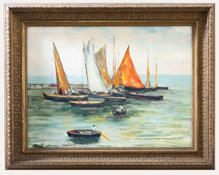 Framed French School Mid 20th Century Oil - Jetty Mooring