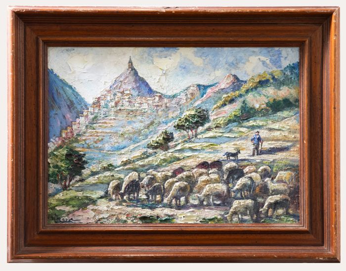 Framed Mid 20th Century Oil - Shepherd & His Flock
