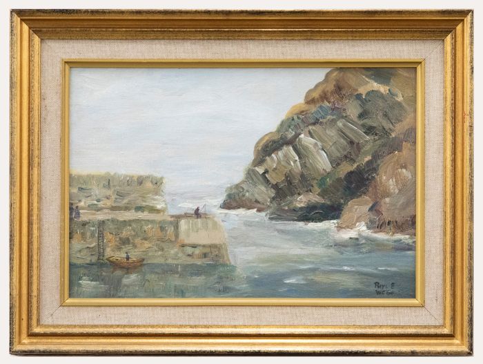 Framed Mid 20th Century Oil - Fishing from the Harbour Wall