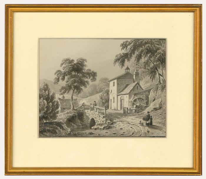 Framed Early 19th Century Watercolour - Waiting on the Watermill Bridge