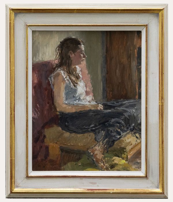 John Linfield (b.1930) - 1990 Oil, Seated Lady in Sunlight