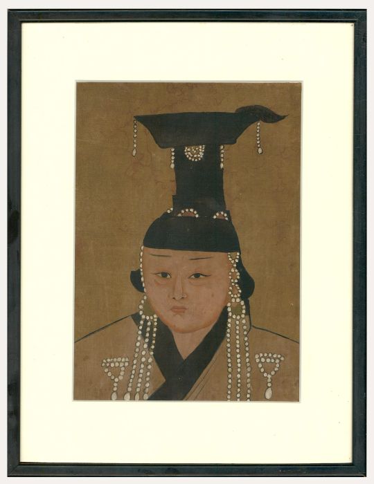 Framed Early 20th Century Chinese Watercolour - Noblewomen in Gugu Hat