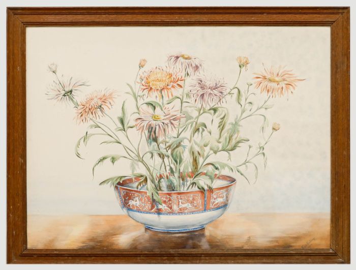 Winifred Barkaway (1915-2010) - 1946 Watercolour, Chrysanthemums and Porcelain