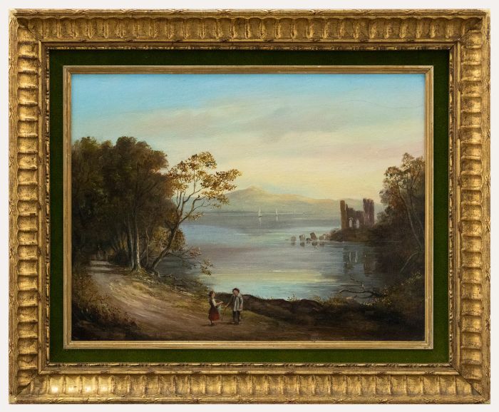 Framed 20th Century Oil - Conversing by the Lake