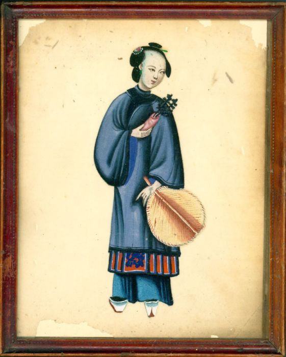 Framed 19th Century Chinese Watercolour - Imperial Courtier with Fan