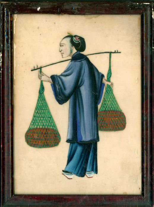Framed 19th Century Chinese Watercolour - Courtier Carrying Goods