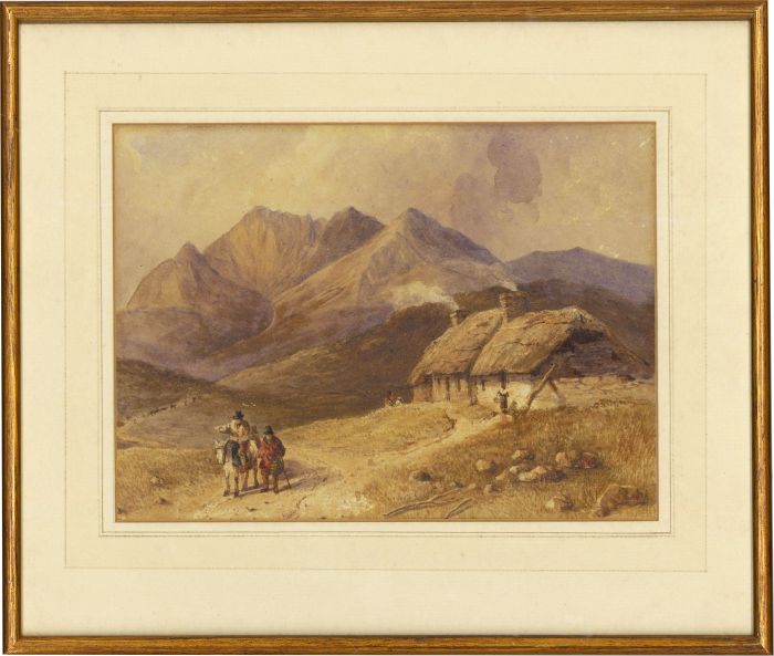 Framed 19th Century Watercolour - Mountain View with Thatched Stone House