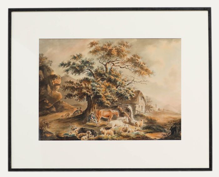 Circle of Peter Le Cave (fl.1769-1816) - Watercolour, A Farmer & his Livestock