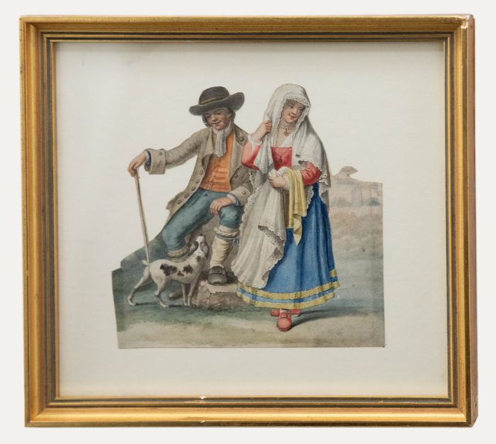 Continental School  19th Century Watercolour - A Couple and Their Dog