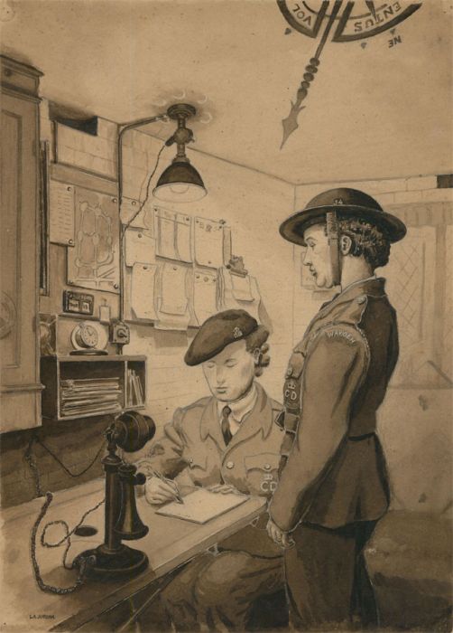 L.A. Jordan - c.1940 Watercolour, Civil Defence Volunteers
