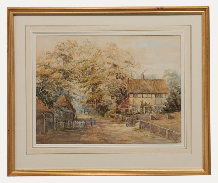 Framed 19th Century Watercolour - Village Scene with Thatched Cottage