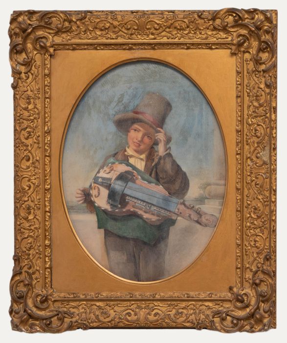 Framed Late 19th Century Watercolour - Boy with a Hurdy-Gurdy