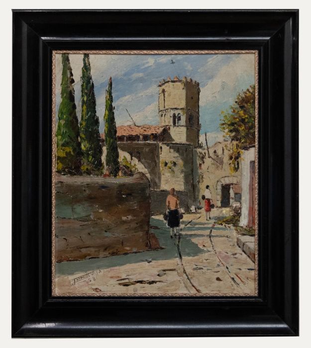 Julia Fornells Vila (1920-1983) - Framed Oil, Walking Through Old Town
