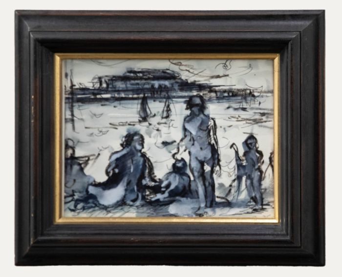 Framed 20th Century Pen and Ink Drawing - The Nudist Beach