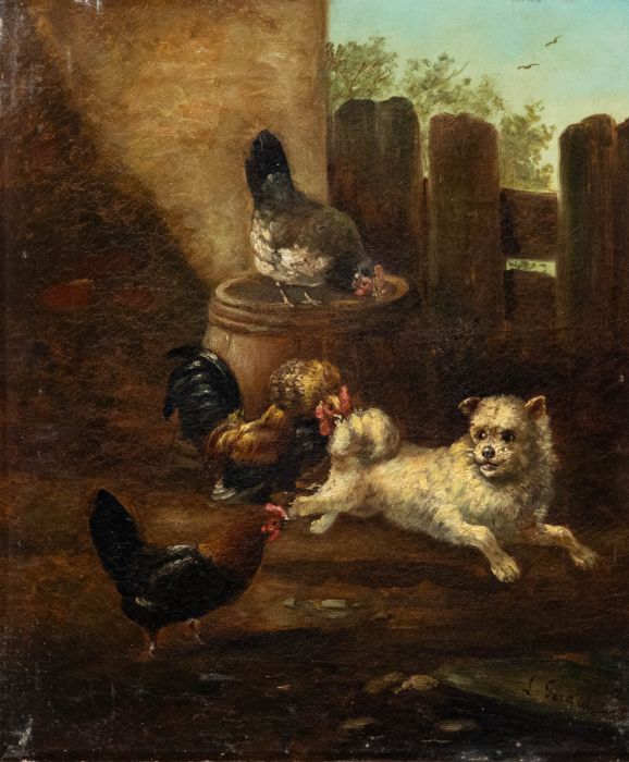 Follower of August Laux (1847-1921) - Late 19th Century Oil, Terrier Chase