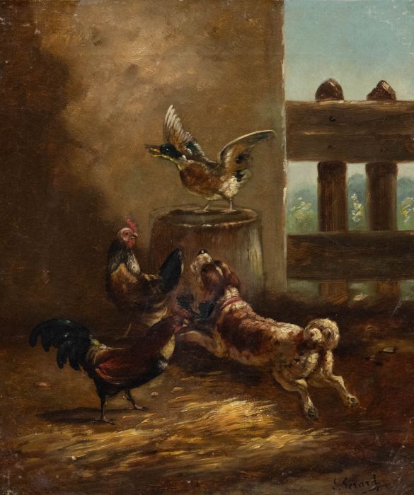 Follower of August Laux (1847-1921) - Late 19th Century Oil, Farmyard Fallout