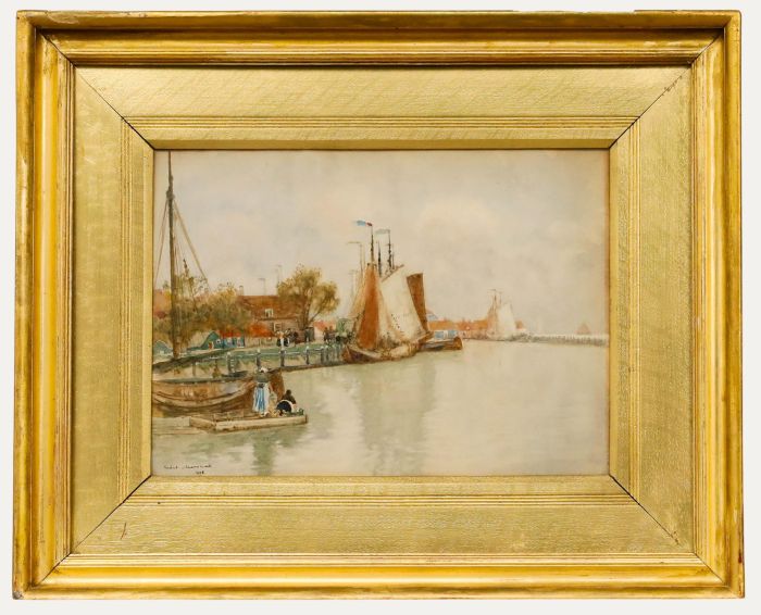 Herbert Menzies Marshall (1841-1913) - Framed Watercolour, Dutch Barges at Dock 