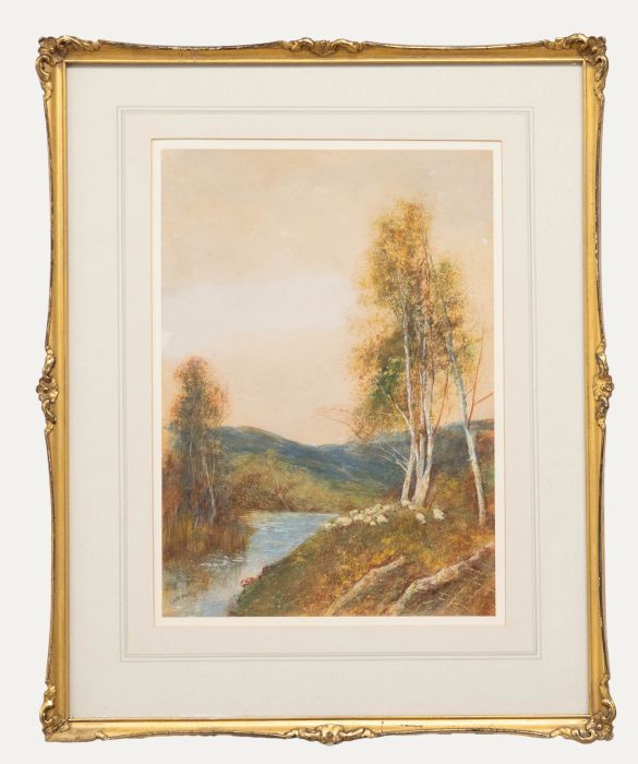 Frederick Hines (fl.1875-1928)- Framed Watercolour, Sheep Grazing the River Bank