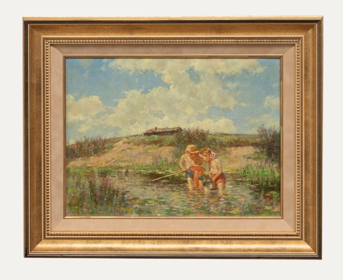 Russian School 20th Century Oil - Children Netting in a River