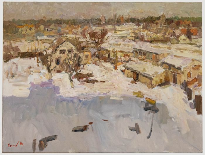 Oleksandr Khrapachov (b.1981) - Contemporary Oil, Snow on the lakeside Town