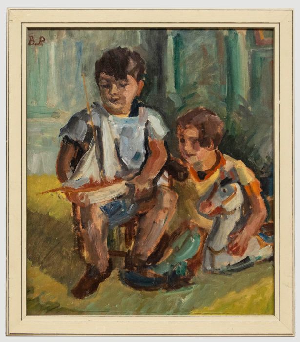 Bertrand Py (1895-1973) - Framed Mid 20th Century Oil, Two Children with Toys