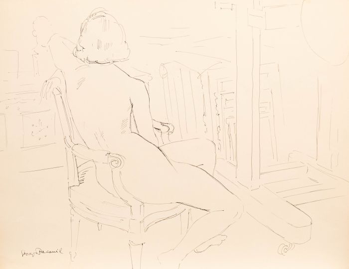 Georges Pacouil (1903-1996) -Pen and Ink Drawing, Nude in the Gallery