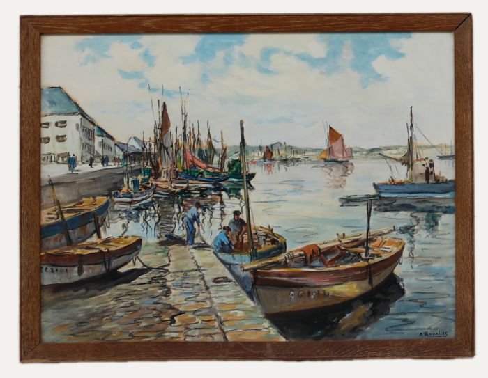 Adrien Ravallec (1909-1993) - Framed Watercolour, Unloading the Early Catch