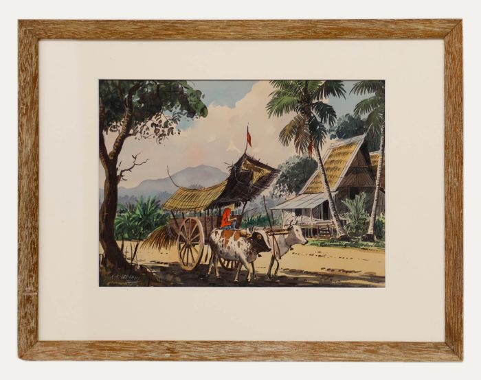 Abu Bakar Ibrahim (1925-1977) - Framed Watercolour, Farmer with Oxen Drawn Cart