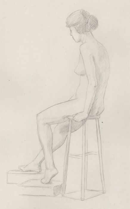 Lorna Bing (1897-1993) - 1920 Graphite Drawing, Female Nude on a Wooden Stool