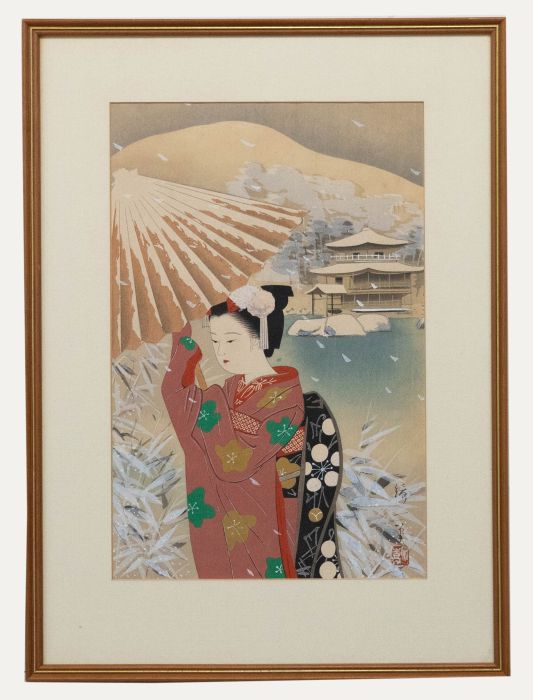 Mid 20th Century Watercolour - Woman in the Winter Snow