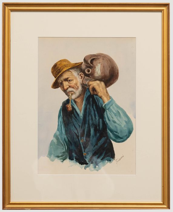 Gianni - Italian School 20th Century Watercolour, Portrait of a Man with Pipe