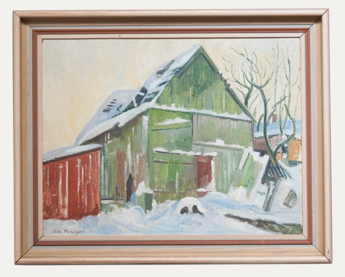 Albert Kruger (1885-1965) - Swedish School Mid 20th Century Oil, Winter Barn