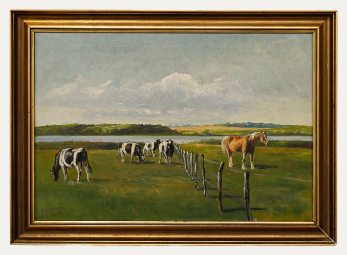 Niels Peter Christainsen (1873-1960) - Framed Oil, A Horse & Cattle Grazing 