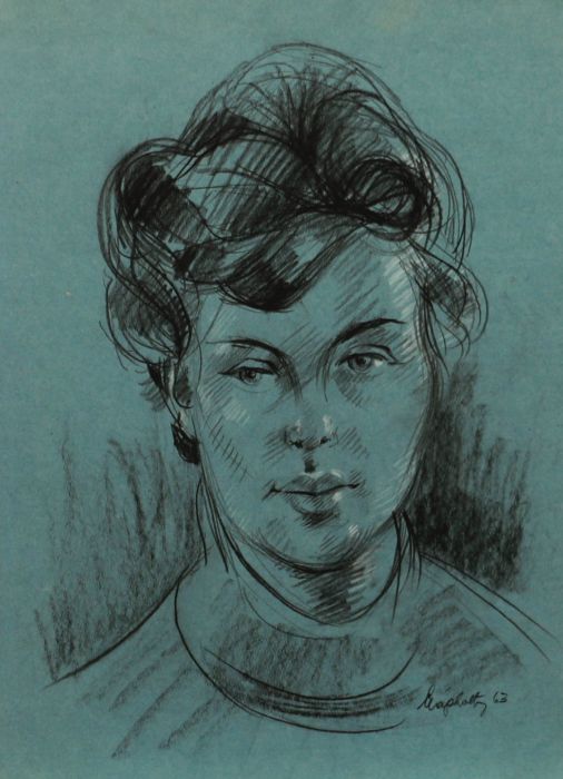 E.P. Clapholt - 1963 Charcoal Drawing, Bust of a Woman in Blue
