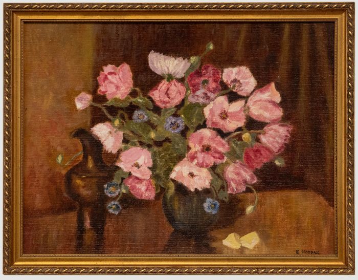 E. Woodill - Framed 20th Century Oil, Still Life of Pink Anemones