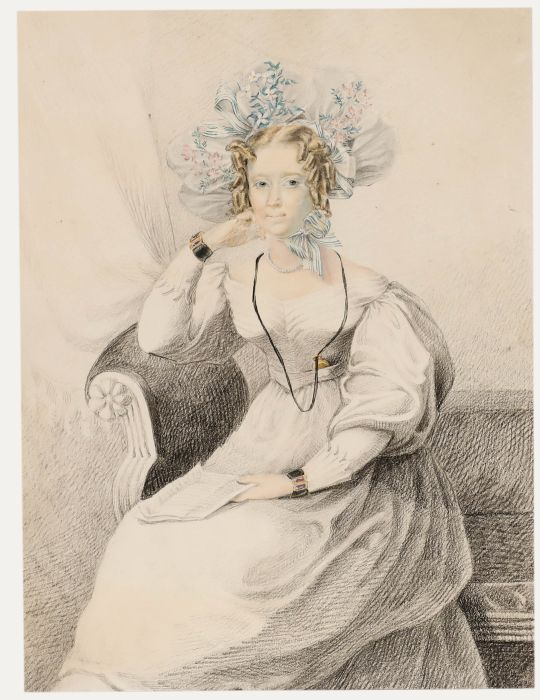 c.1830 Graphite Drawing - Fashionable Lady