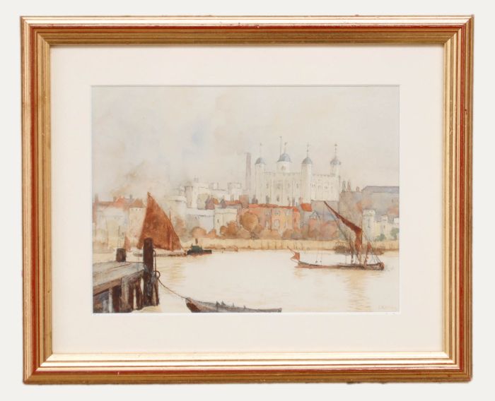 Framed 19th Century Watercolour - The Tower of London From the Thames