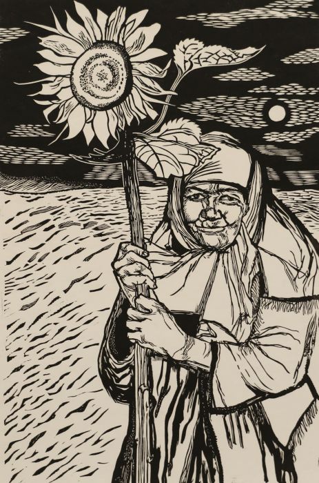 David Bethel (1923-2006) - Mid 20th Century Linoprint, Peasant and Sunflower