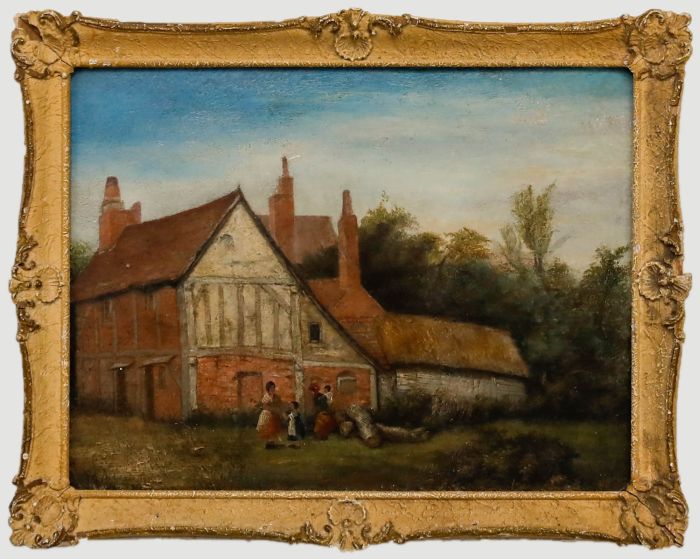 Circle of John Anthony Puller (1799-1886) - Oil, Figures by a Suffolk Farmhouse