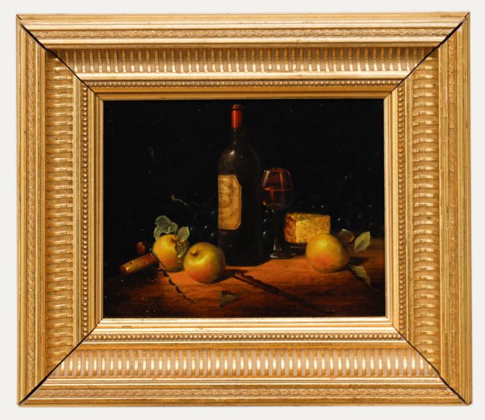 Framed 20th Century Oil - Still Life of Wine & Cheese