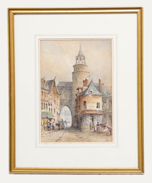 J.B - Framed 19th Century Watercolour, A Busy Street in Belgium