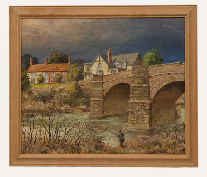 Fred Barney - Framed 20th Century Oil, Fisherman Beside a Stone Bridge