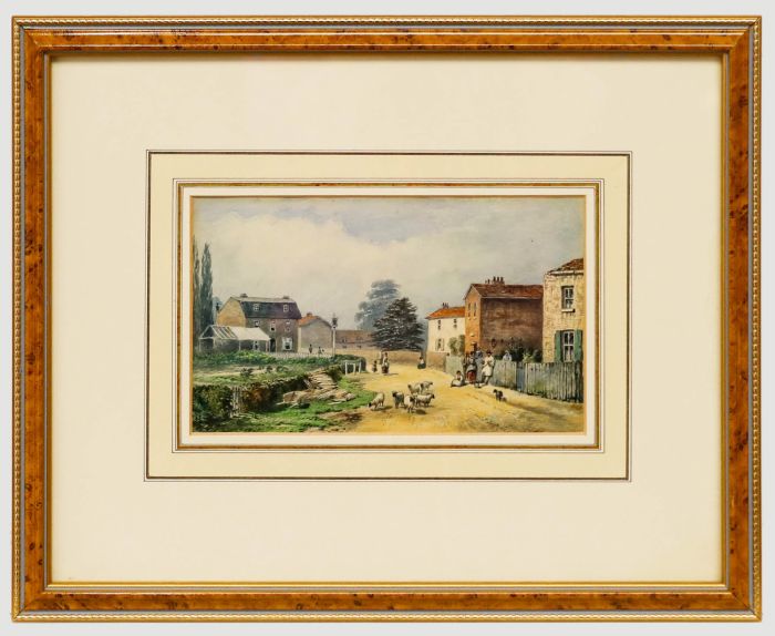 Late 19th Century Watercolour - Sheep by the Village Green