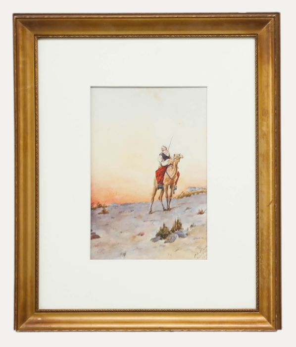 H. L. Pignon - Framed Early 20th Century Watercolour, Camel Rider at Sunset