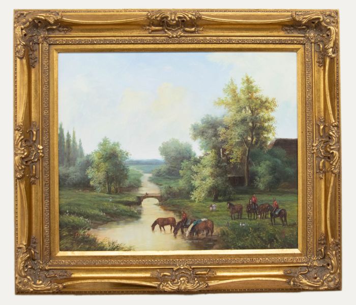 Edwards - Early 20th Century Oil, Watering The Horses
