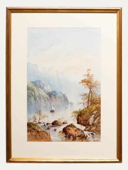 A. Roe - 1894 Watercolour, Boats On The Mountain Lake