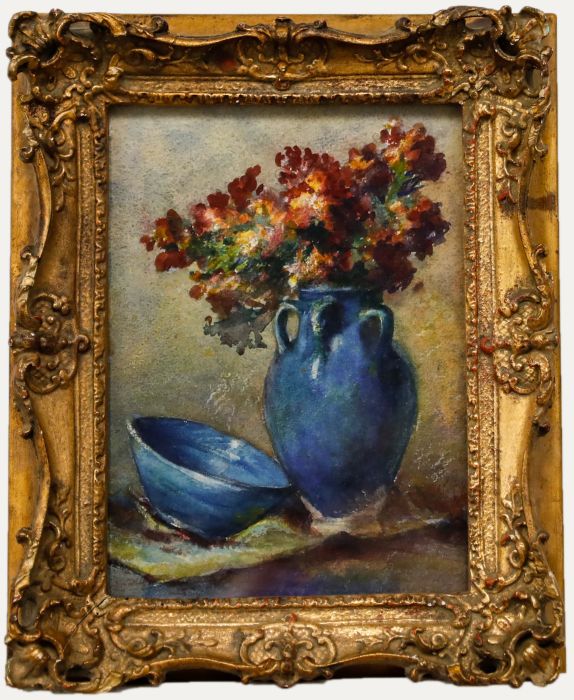 French School  Early 20th Century Watercolour - Flowers in a Blue Vase
